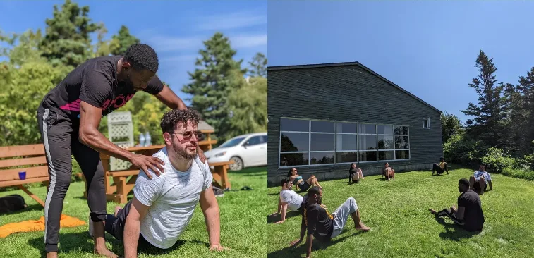 Coach Nate Spencer leading an outdoor Animal Flow and mobility class on a sunny day